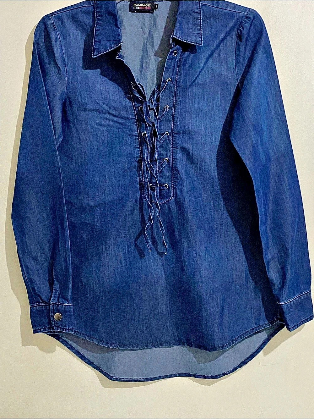 Rampage Lace-Up Denim Collection Shirt in Blue Size Medium